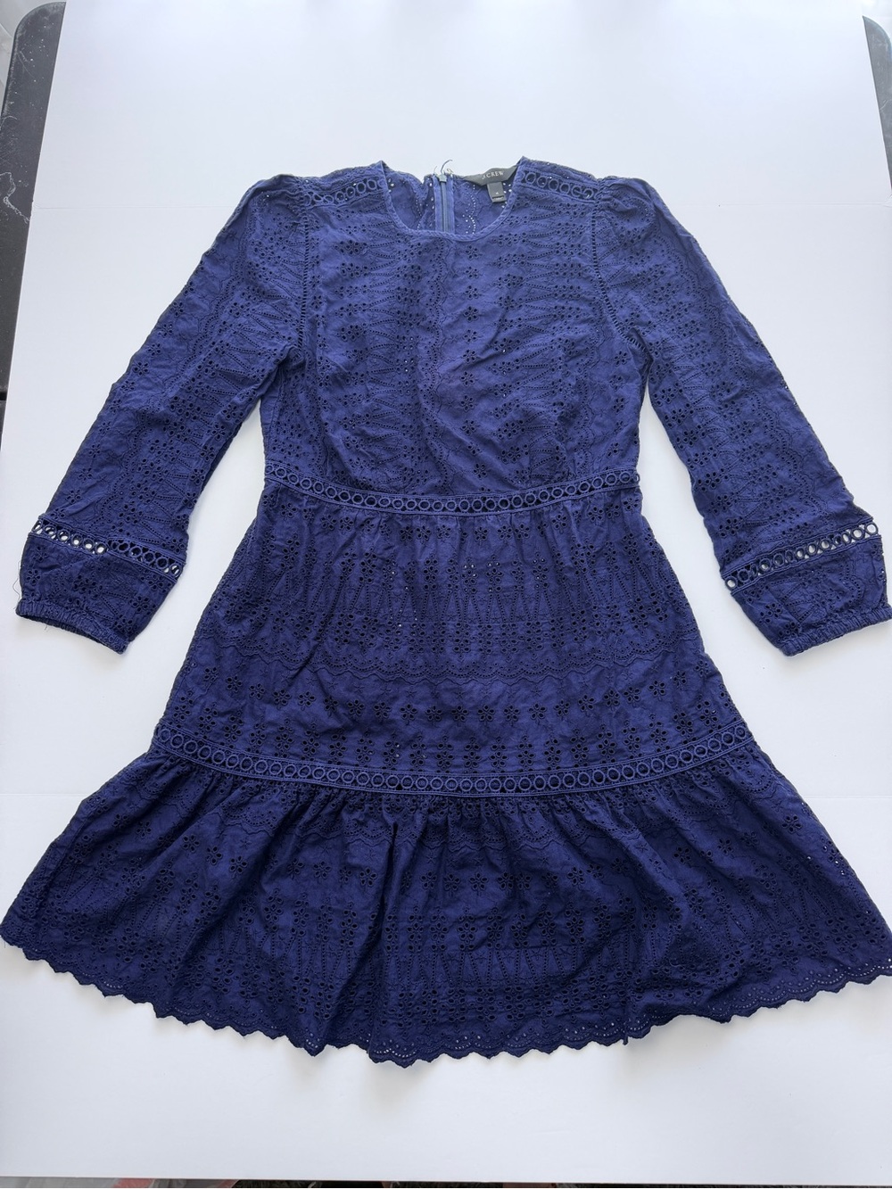 J.Crew Eyelet Lace Dress Womens Size 4 Blue Long Sleeve Tiered Mini Boho Cotton